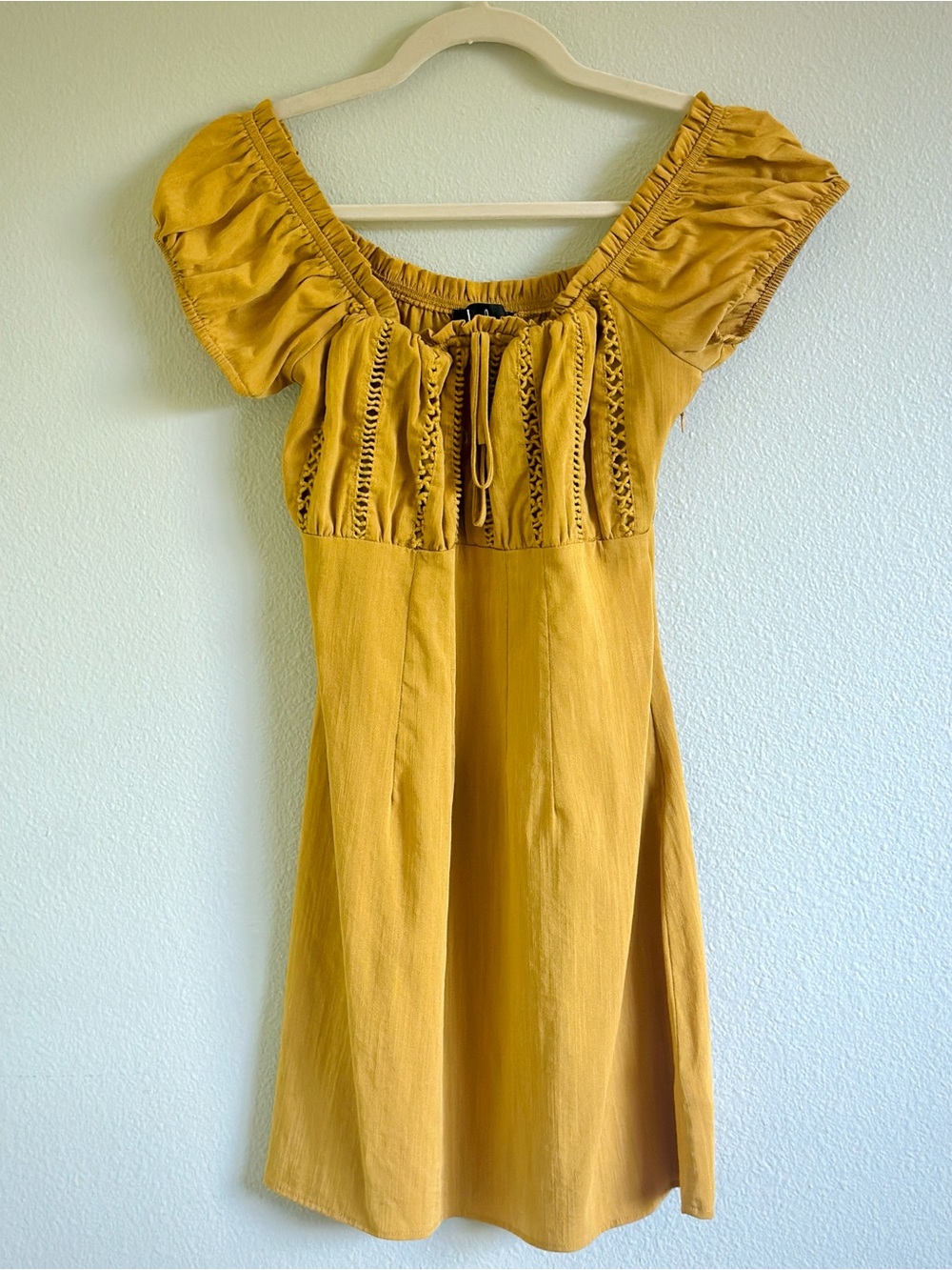 Lulu's Mustard Yellow Mustard Yellow Embroidered Off-the-Shoulder Mini Dress (S)